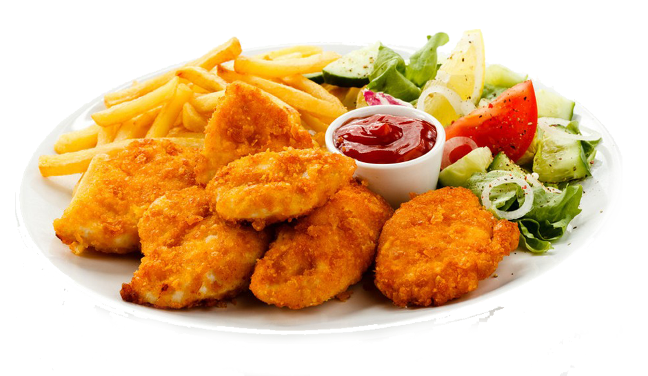 Gebratenes Fleischgericht und Pommes